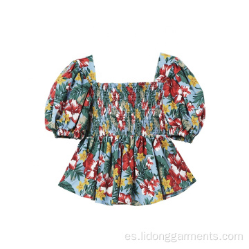 Summer Vintage Cotton Floral Floral Lantern Manga Mujer